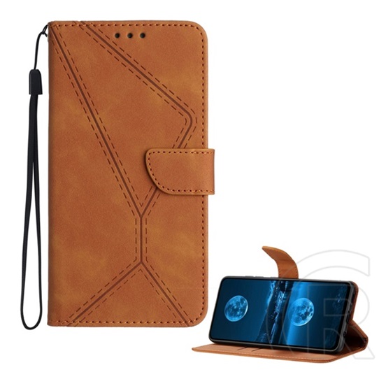 Gigapack T Phone 3 5G tok álló, bőr hatású (flip, asztali tartó, bankkártya tartó, varrás minta + kézpánt) barna