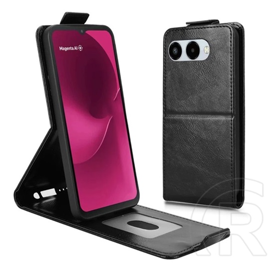 Gigapack T Phone 3 5G tok álló, bőr hatású (flip, lefelé nyíló, szilikon tartó, kártyatartó) fekete