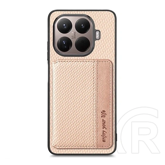 Gigapack Xiaomi 17T Pro szilikon védő (ütésálló, bőr hatású, mágneses, kitámasztó, kártyatartó, rfid, karbon minta) bézs