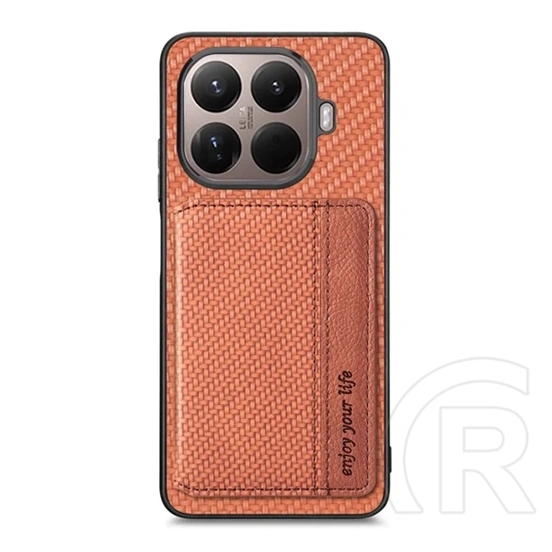 Gigapack Xiaomi 17T Pro védő (ütésálló, bőr hatású, mágneses, kitámasztó, kártyatartó, rfid, karbon minta) sötétbarna