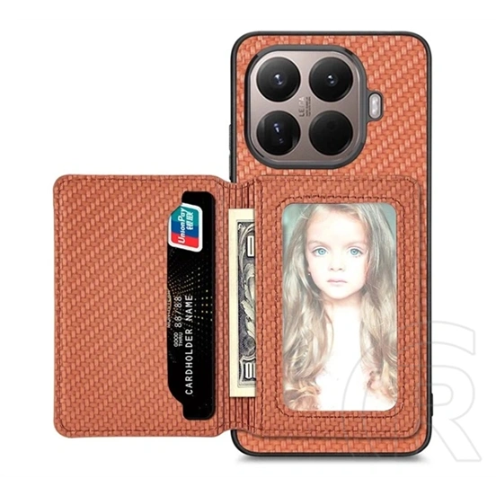 Gigapack Xiaomi 17T Pro védő (ütésálló, bőr hatású, mágneses, kitámasztó, kártyatartó, rfid, karbon minta) sötétbarna