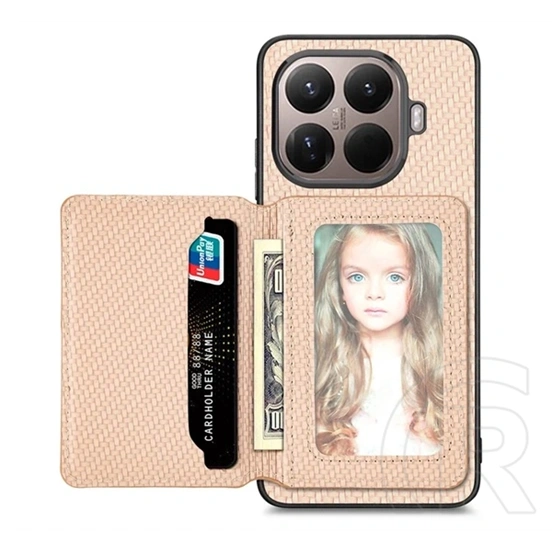 Gigapack Xiaomi 17T szilikon védő (ütésálló, bőr hatású, mágneses, kitámasztó, kártyatartó, rfid, karbon minta) bézs