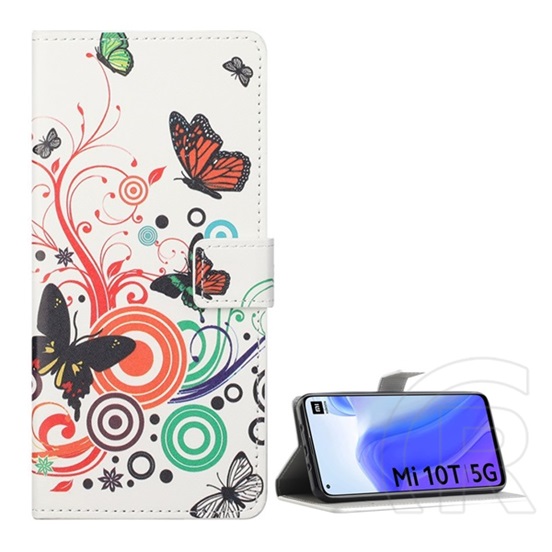 Gigapack Xiaomi Mi 10T Pro 5G tok álló, bőr hatású (Flip, asztali tartó funkció, pillangó, kör minta) fehér