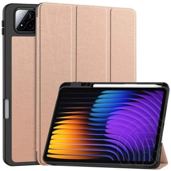 Gigapack Xiaomi Pad 7 Pro  tok álló, bőr hatású (flip, oldalra nyíló, trifold, asztali tartó, ceruza tartó) rozéarany