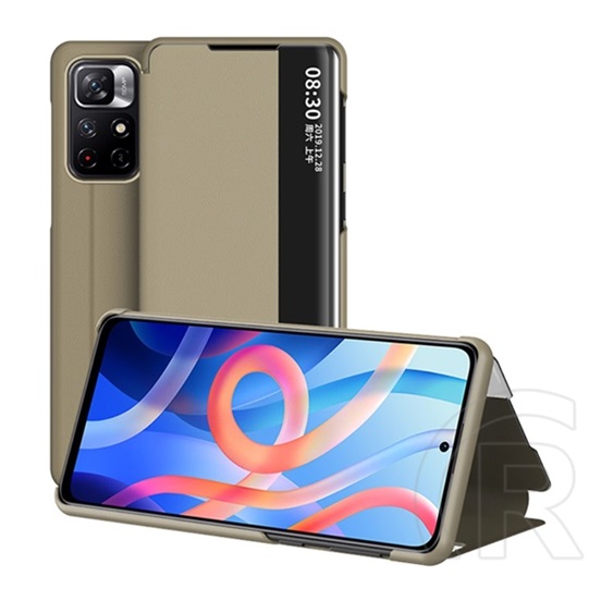 Gigapack Xiaomi Poco M4 Pro 5G tok álló, bőr hatású (aktív Flip, asztali tartó funkció, hívószámkijelzés) barna