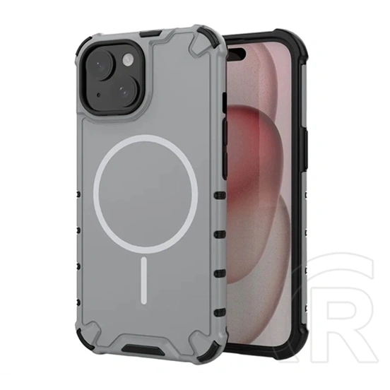 Gigapack iPhone 15 defender műanyag telefonvédő (ütésálló, légpárnás sarok, matt, szilikon belső, magsafe) világosszürke
