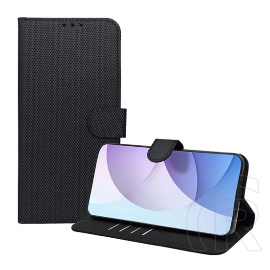 Gigapack iPhone 17 Pro Max tok álló, eco bőr hatású (flip, oldalra nyíló, asztali tartó, textil minta, rfid) fekete