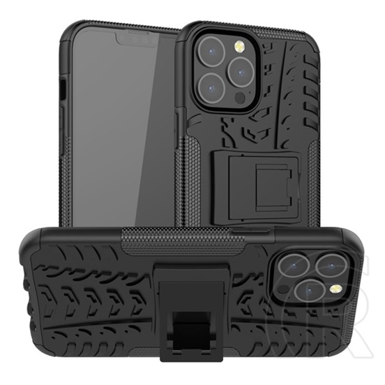 Gigapack műanyag telefonvédő (közepesen ütésálló, Apple iPhone 13 Pro Max szilikon belső, autógumi minta) fekete