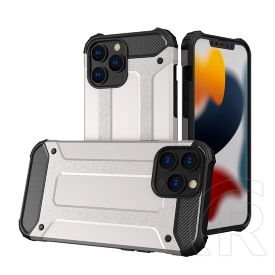 Gigapack műanyag telefonvédő (közepesen ütésálló, Apple iPhone 13 Pro Max szilikon belső, fémhatás) ezüst