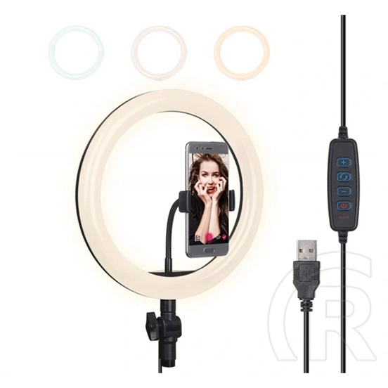 Gigapack szelfi lámpa (kör alakú, led fény, 3000-5000k, 3 féle szín, usb kábel) fekete