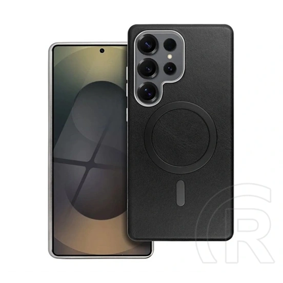 Gigapack szilikon telefonvédő (bőr hatású hátlap, karcolásmentesítő belső, fém kameravédő, mágneses, prémium, fekete)