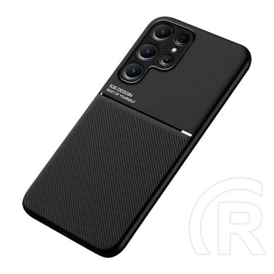 Gigapack szilikon telefonvédő (ütésállóság, mágneses, bőrhatású hátlap, csíkos, fekete)
