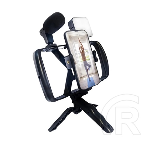 Gigapack tripod állvány (univerzális, 3.5mm jack mikrofon, led fény, bluetooth távkioldó, dupla markolat) fekete