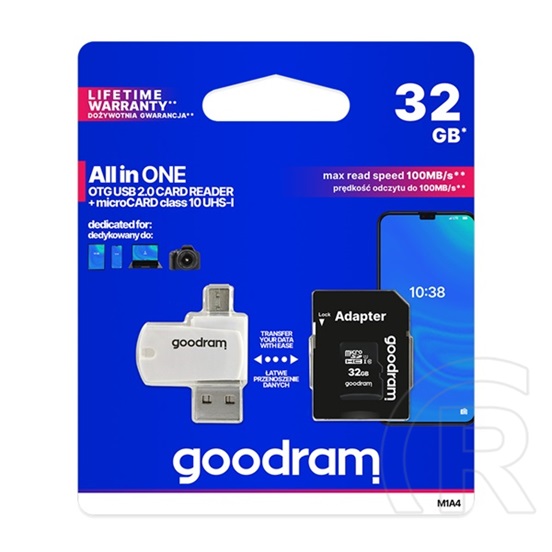 Goodram all in one memóriakártya transflash 32gb (microsdhc evo - class 10, uhs-1) + sd adapter + usb kártyaolvasó