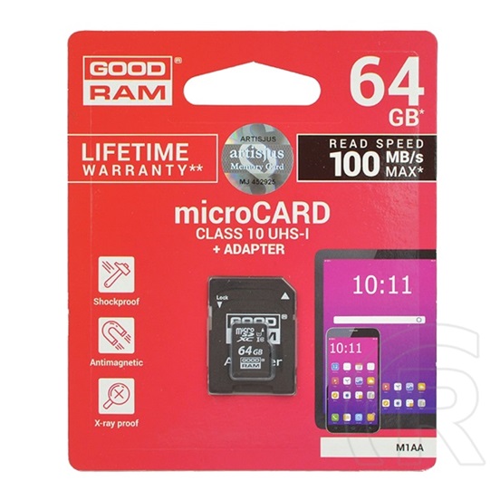 Goodram memóriakártya transflash 64gb (microsdxc, class 10, uhs-i 1, m1aa-0640r11 utódja) + sd adapter