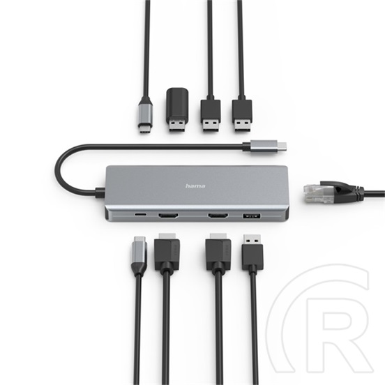 HAMA 00200142 USB hub (4x USB 3.1, 2x HDMI, Gigabit LAN, USB-C PD, MST, 4K, alumínium)