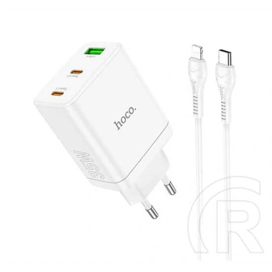 HOCO N33 hálózati töltő (35W, USB + 2 Type-C aljzat, PD 3.0 gyorstöltés, lightning kábel, fehér)