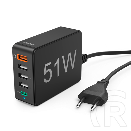 Hama hálózati töltőállomás (5 port, 1xQC3.0 + 3xUSB + 1xTYPE-C "PD/QC" 51W)