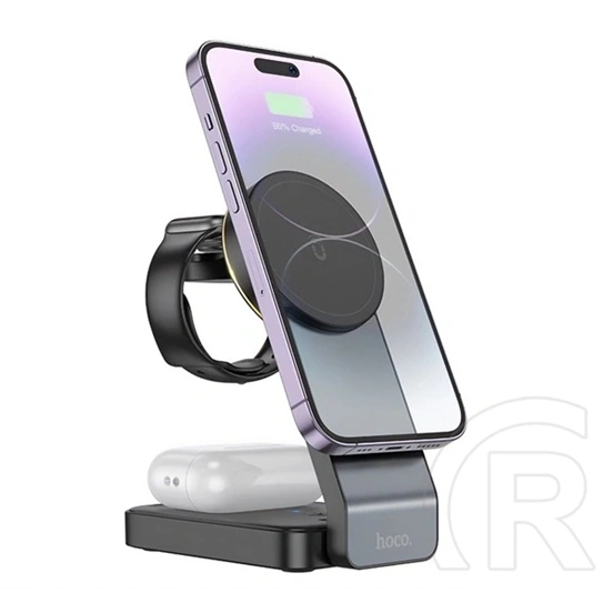 Hoco CQ3 asztali töltőállvány 3in1 (15W, wireless, gyorstöltő, MagSafe, Apple watch töltő, fekete)