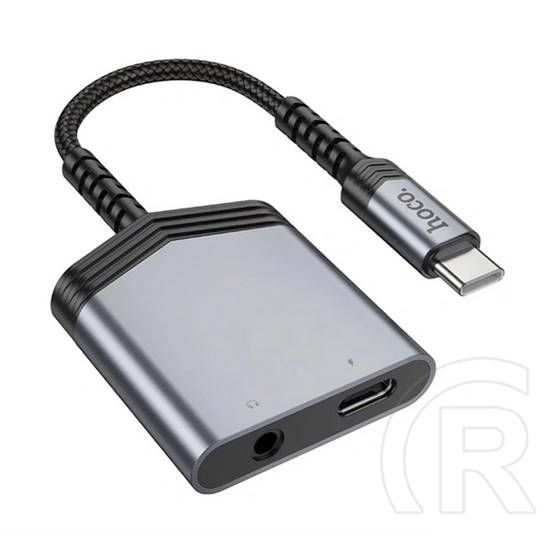 Hoco LS39 audió adapter és töltőkábel (elosztó, type-c+3,5 mm jack - type-c, 27W, 15 cm, világosszürke)