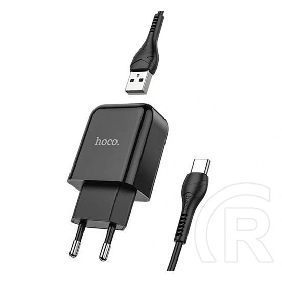 Hoco N2 Vigour hálózati töltő (10W, QC gyorstöltés, USB aljzat, Type-C kábel, fekete)