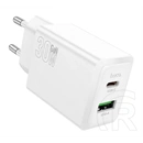 Hoco N71 hálózati töltő USB+Type-C aljzat (30W, GaN, PD gyorstöltő 3.0, fehér)