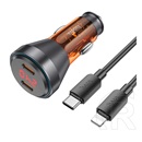 Hoco autós töltő 2 type-c aljzat (60w, pd gyorstöltő, led kijelző + lightning kábel) narancssárga