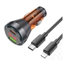 Hoco autós töltő usb+type-c aljzat (48w, pd gyorstöltő, led kijelző + lightning kábel) narancssárga