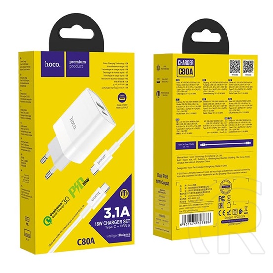 Hoco Rapido hálózati töltő (USB-A + USB-C aljzat, 20W, USB-C kábellel, fehér)
