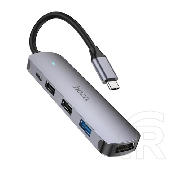 Hoco hb27 type-c hub 5in1 (elosztó, 3 usb+1 type-c+hdmi aljzat, 60w, pd gyorstöltő, 4k, 10cm) sötétszürke
