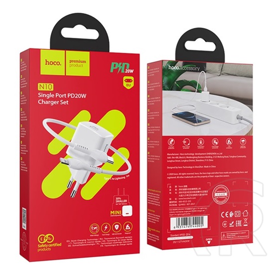 Hoco n10 starter hálózati töltő (USB-C aljzat, 20W, USB-C / lightning 8pin kábellel, fehér)
