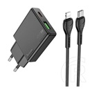 Hoco n38 hálózati töltő usb+type-c aljzat (20w, pd gyorstöltő 3.0, vékony + lightning kábel) fekete