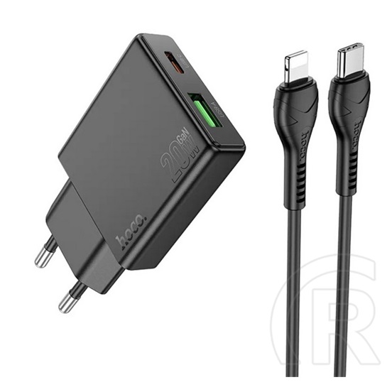 Hoco n38 hálózati töltő usb+type-c aljzat (20w, pd gyorstöltő 3.0, vékony + lightning kábel) fekete