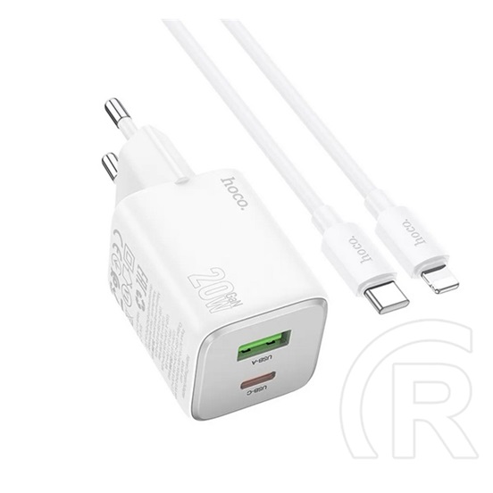 Hoco n41 hálózati töltő usb+type-c aljzat (20w, gan, pd gyorstöltő 3.0 + lightning kábel) fehér