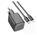 Hoco n41 hálózati töltő usb+type-c aljzat (20w, gan, pd gyorstöltő 3.0 + lightning kábel) fekete