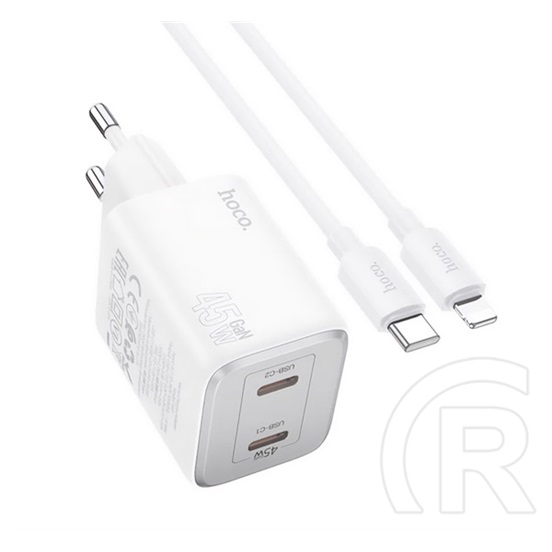 Hoco n42 hálózati töltő (2xUSB-C aljzat, 45W, lightning kábellel, fehér)
