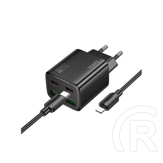 Hoco n56 hálózati töltő 2 usb+2 type-c aljzat (30w, gan, pd gyorstöltő 3.0 + lightning kábel) fekete