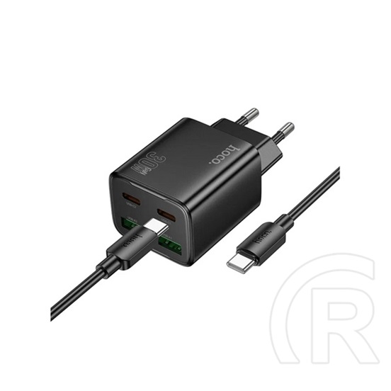 Hoco n56 hálózati töltő 2 usb+2 type-c aljzat (30w, gan, pd gyorstöltő 3.0 + type-c kábel) fekete