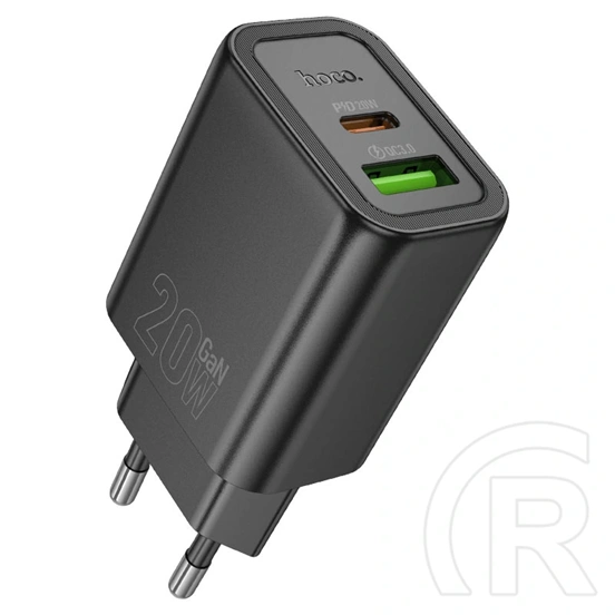 Hoco n61 hálózati töltő usb+type-c aljzat (20w, pd gyorstöltő 3.0) fekete
