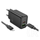 Hoco n61 hálózati töltő usb+type-c aljzat (20w, pd gyorstöltő 3.0 + lightning kábel) fekete