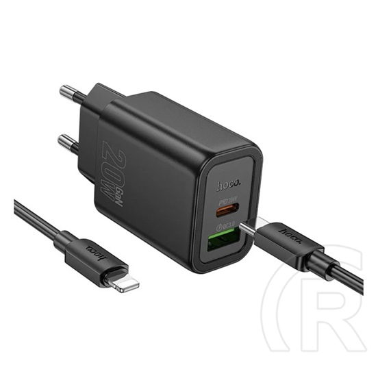 Hoco n61 hálózati töltő usb+type-c aljzat (20w, pd gyorstöltő 3.0 + lightning kábel) fekete