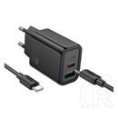 Hoco n61 hálózati töltő usb+type-c aljzat (20w, pd gyorstöltő 3.0 + type-c kábel) fekete