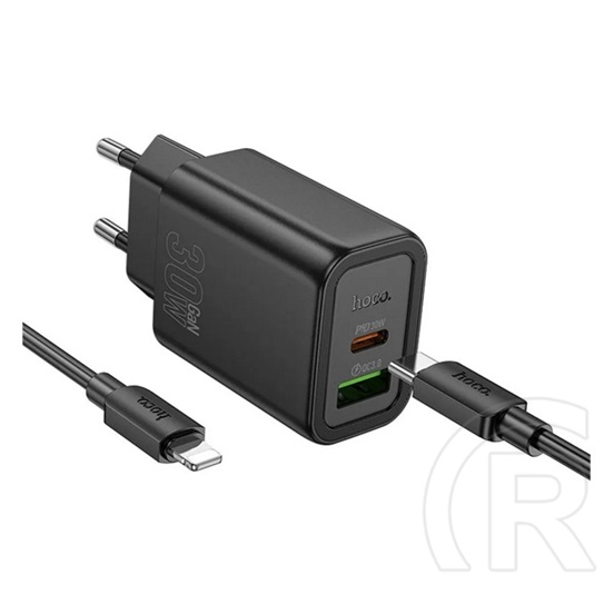 Hoco n63 hálózati töltő usb+type-c aljzat (30w, pd gyorstöltő 3.0 + lightning kábel) fekete