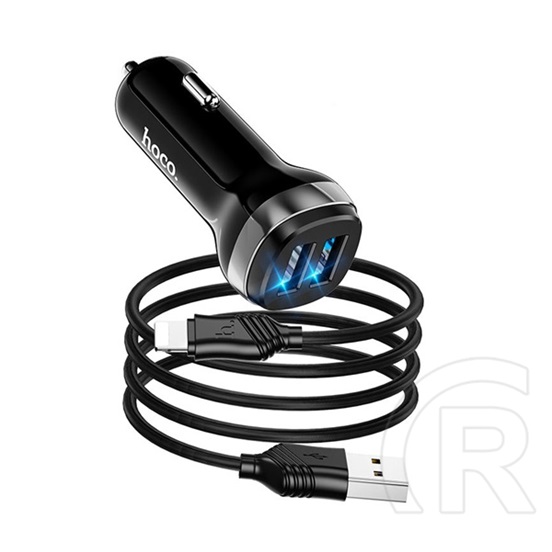 Hoco  z40 autós töltő 2 usb aljzat (5v / 2400ma, gyorstöltés támogatás, led jelzés + lightning 8pin kábel) fekete