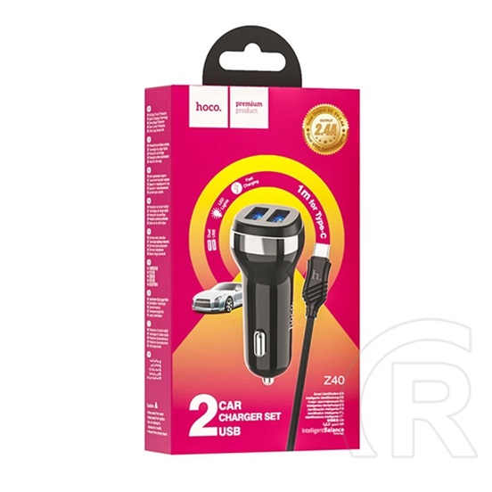 Hoco  z40 autós töltő 2 usb aljzat (5v / 2400ma, gyorstöltés támogatás, led jelzés + lightning 8pin kábel) fekete
