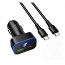 Hoco z63b autós töltő type-c+usb aljzat (60w, pd gyorstöltő 3.0, led kijelző + type-c kábel) fekete