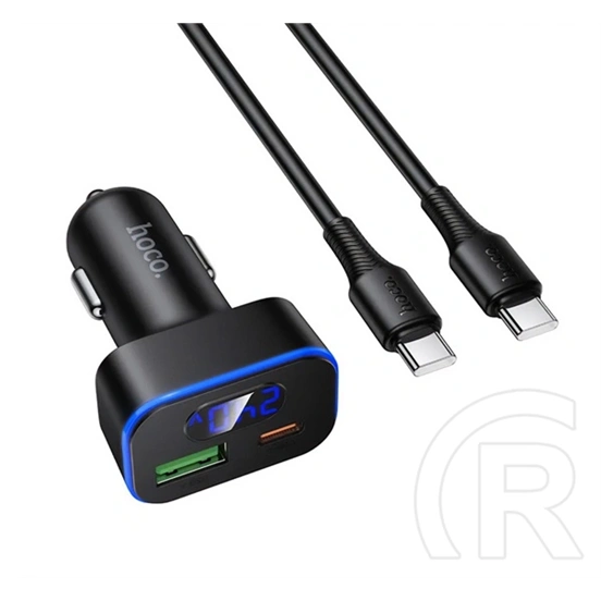 Hoco z63b autós töltő type-c+usb aljzat (60w, pd gyorstöltő 3.0, led kijelző + type-c kábel) fekete