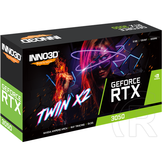 Inno3D GeForce RTX 3050 Twin X2 VGA (PCIe 4.0, 8 GB GDDR6, 128 bit, DVI+HDMI+DP, aktív hűtő)