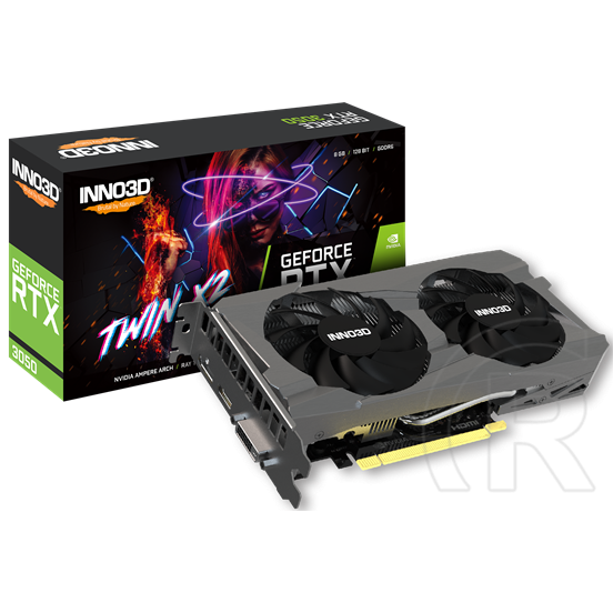Inno3D GeForce RTX 3050 Twin X2 VGA (PCIe 4.0, 8 GB GDDR6, 128 bit, DVI+HDMI+DP, aktív hűtő)