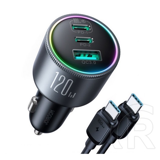 Joyroom autós töltő usb+2 type-c aljzat(120w, pd gyorstöltő 3.0+type-c kábel)sötétszürke